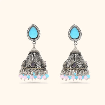 Aqua Color Oxidised Silver Jumka